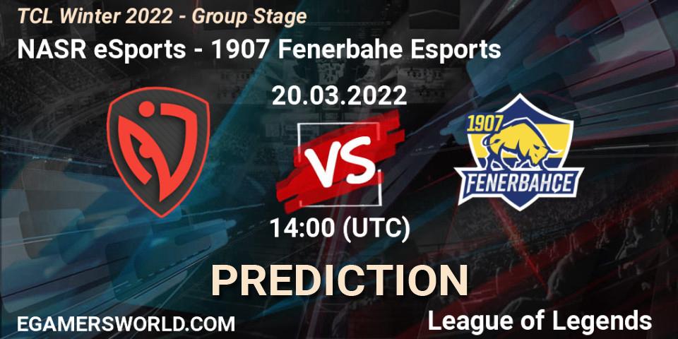 Pronósticos NASR eSports - 1907 Fenerbahçe Esports. 20.03.2022 at 14:00. TCL Winter 2022 - Group Stage - LoL