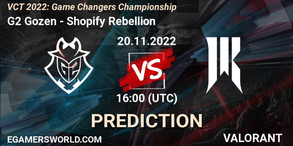 Pronósticos G2 Gozen - Shopify Rebellion. 20.11.2022 at 16:15. VCT 2022: Game Changers Championship - VALORANT