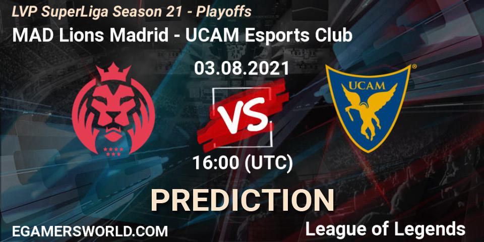 Pronósticos MAD Lions Madrid - UCAM Esports Club. 03.08.2021 at 16:00. LVP SuperLiga Season 21 - Playoffs - LoL