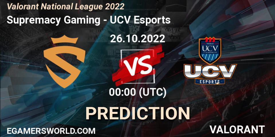Pronósticos Supremacy Gaming - UCV Esports. 26.10.2022 at 00:00. Valorant National League 2022 - VALORANT