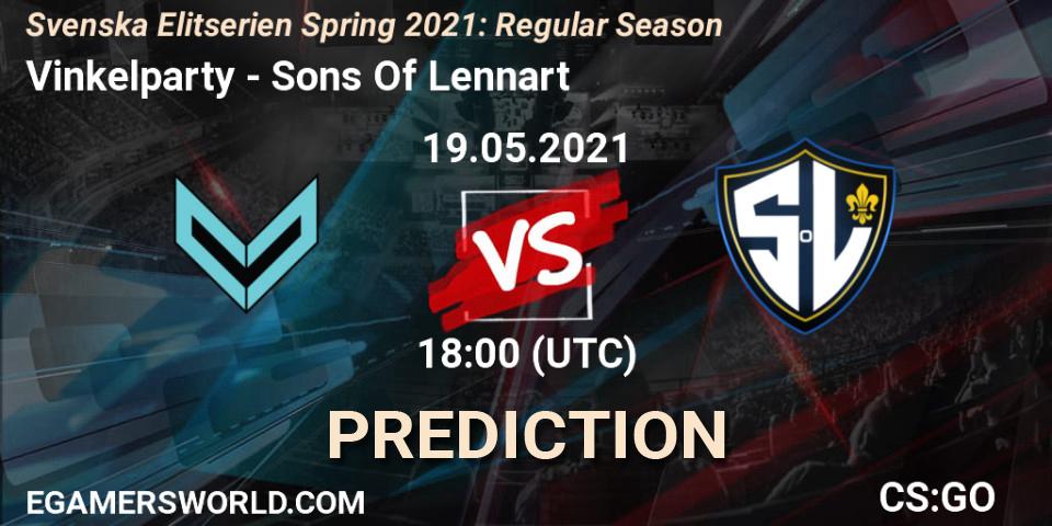 Pronósticos Vinkelparty - Sons Of Lennart. 19.05.2021 at 18:00. Svenska Elitserien Spring 2021: Regular Season - Counter-Strike (CS2)