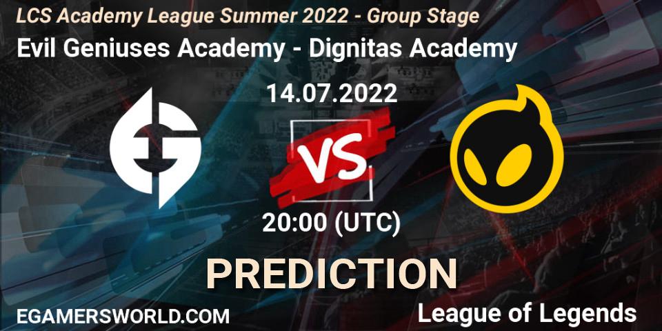Pronósticos Evil Geniuses Academy - Dignitas Academy. 14.07.2022 at 20:00. LCS Academy League Summer 2022 - Group Stage - LoL