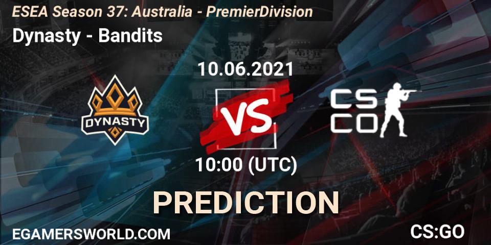 Pronósticos Dynasty - Bandits. 10.06.2021 at 10:00. ESEA Season 37: Australia - Premier Division - Counter-Strike (CS2)