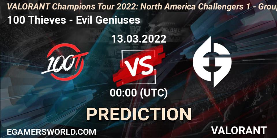 Pronósticos 100 Thieves - Evil Geniuses. 12.03.2022 at 21:00. VCT 2022: North America Challengers 1 - Group Stage - VALORANT