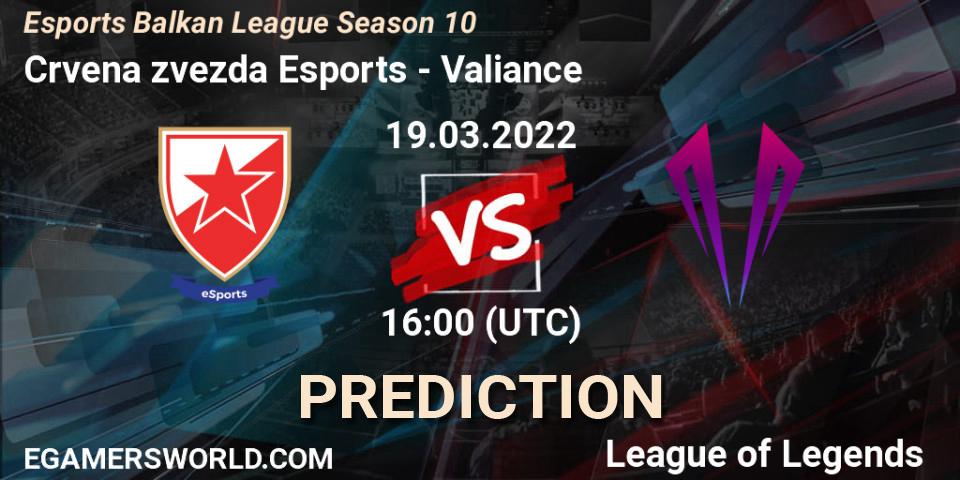 Pronósticos Crvena zvezda Esports - Valiance. 19.03.2022 at 15:45. Esports Balkan League Season 10 - LoL
