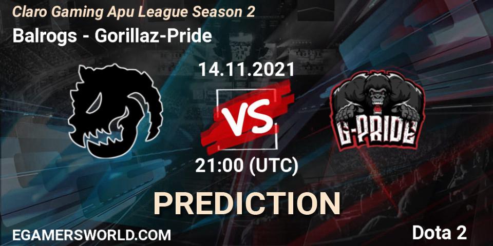 Pronósticos Balrogs - Gorillaz-Pride. 14.11.2021 at 21:00. Claro Gaming Apu League Season 2 - Dota 2