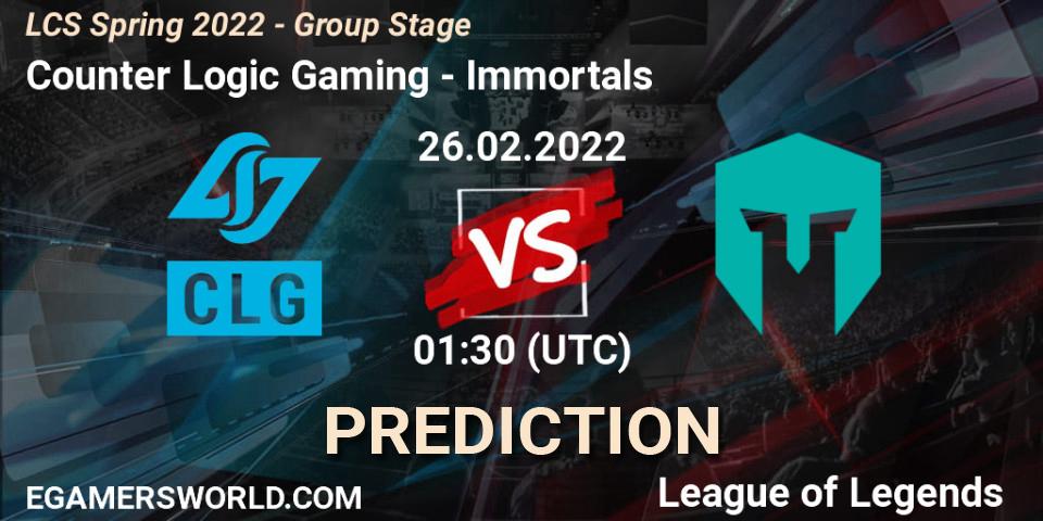 Pronósticos Counter Logic Gaming - Immortals. 26.02.2022 at 01:30. LCS Spring 2022 - Group Stage - LoL
