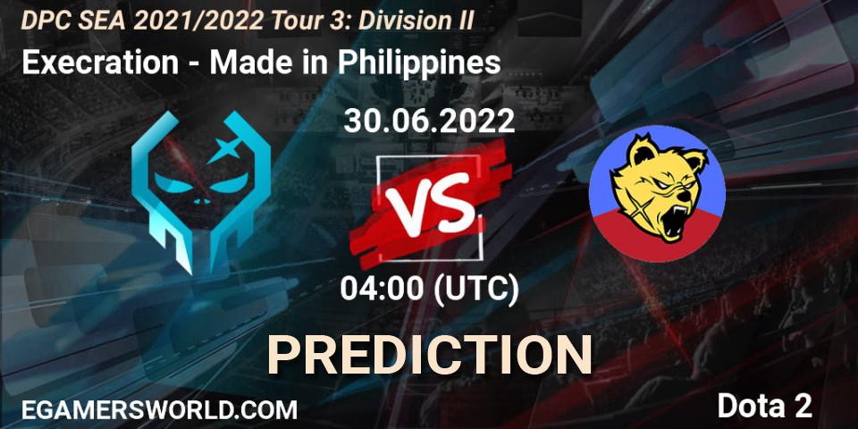 Pronósticos Execration - Made in Philippines. 30.06.2022 at 04:02. DPC SEA 2021/2022 Tour 3: Division II - Dota 2