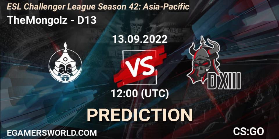 Pronósticos TheMongolz - D13. 13.09.2022 at 12:00. ESL Challenger League Season 42: Asia-Pacific - Counter-Strike (CS2)