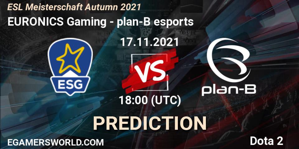 Pronósticos EURONICS Gaming - plan-B esports. 17.11.2021 at 18:04. ESL Meisterschaft Autumn 2021 - Dota 2