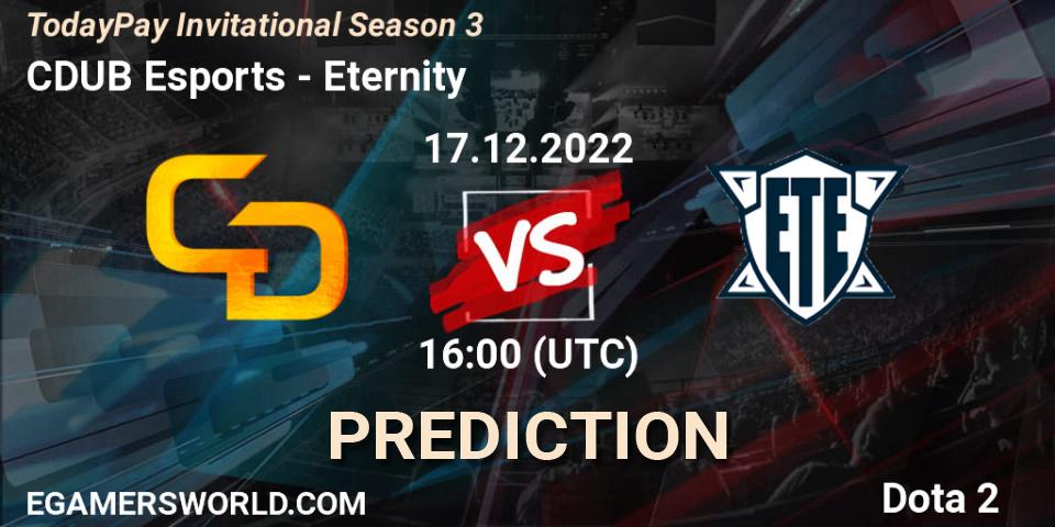 Pronósticos CDUB Esports - Eternity. 17.12.2022 at 17:05. TodayPay Invitational Season 3 - Dota 2