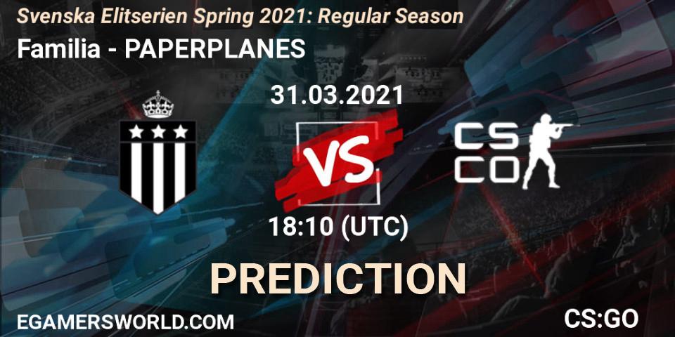 Pronósticos Familia - PAPERPLANES. 31.03.2021 at 18:10. Svenska Elitserien Spring 2021: Regular Season - Counter-Strike (CS2)