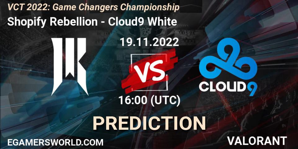 Pronósticos Shopify Rebellion - Cloud9 White. 19.11.2022 at 15:15. VCT 2022: Game Changers Championship - VALORANT