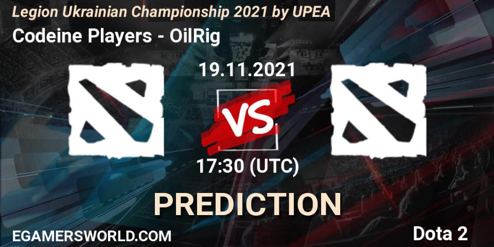 Pronósticos Codeine Players - OilRig. 19.11.2021 at 16:51. Legion Ukrainian Championship 2021 by UPEA - Dota 2