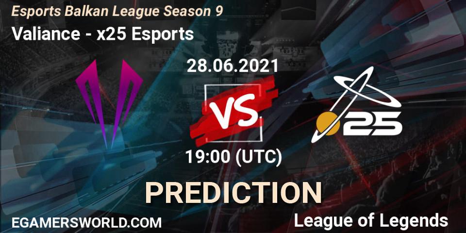 Pronósticos Valiance - x25 Esports. 28.06.2021 at 19:00. Esports Balkan League Season 9 - LoL