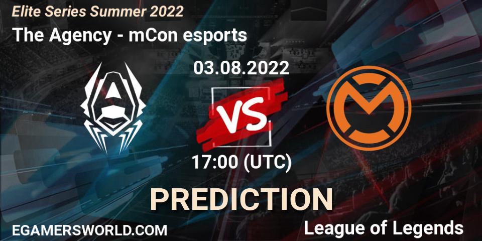 Pronósticos The Agency - mCon esports. 03.08.2022 at 17:00. Elite Series Summer 2022 - LoL