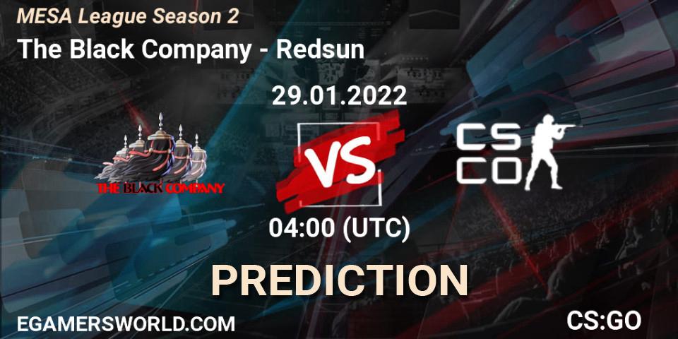Pronósticos The Black Company - Redsun. 29.01.2022 at 04:00. MESA League Season 2 - Counter-Strike (CS2)