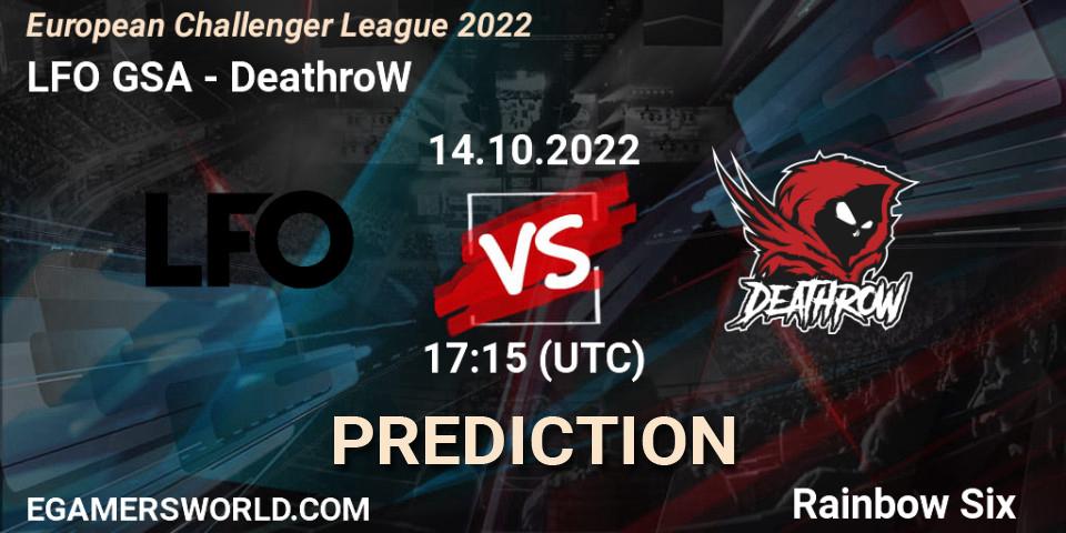 Pronósticos LFO GSA - DeathroW. 14.10.2022 at 17:15. European Challenger League 2022 - Rainbow Six