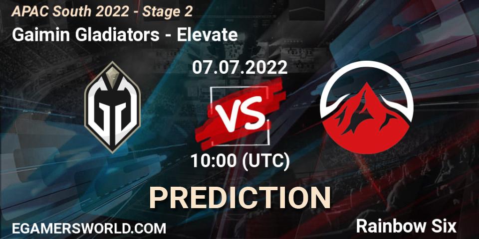 Pronósticos Gaimin Gladiators - Elevate. 07.07.2022 at 10:00. APAC South 2022 - Stage 2 - Rainbow Six