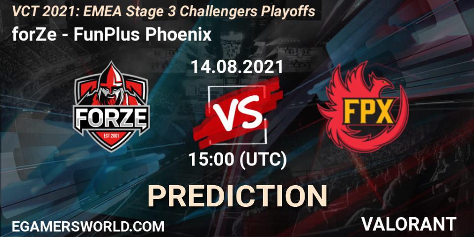 Pronósticos forZe - FunPlus Phoenix. 14.08.2021 at 15:00. VCT 2021: EMEA Stage 3 Challengers Playoffs - VALORANT