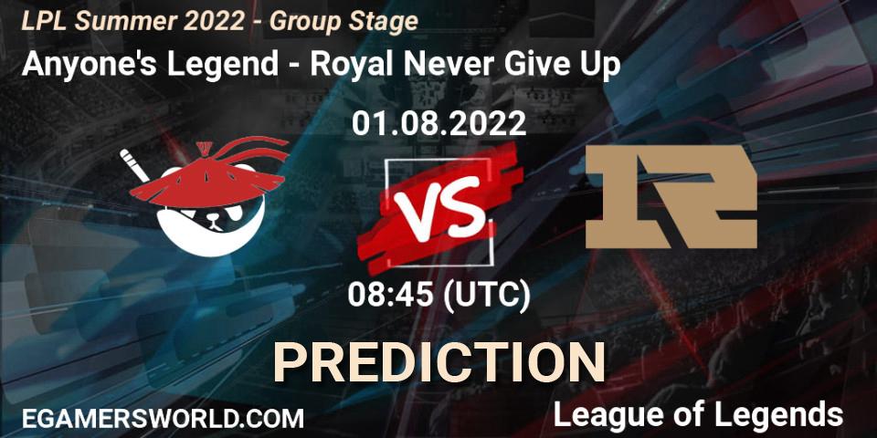 Pronósticos Anyone's Legend - Royal Never Give Up. 01.08.22. LPL Summer 2022 - Group Stage - LoL