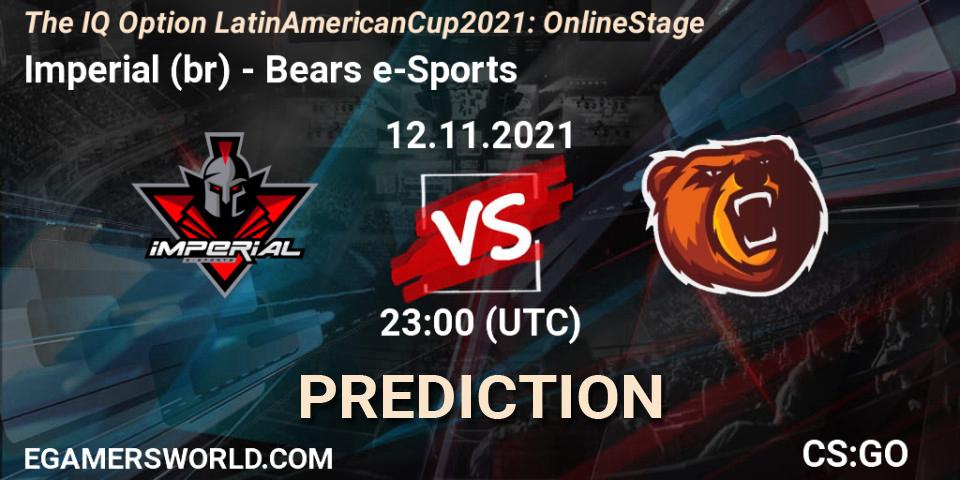 Pronósticos Imperial (br) - Bears e-Sports. 12.11.2021 at 23:00. The IQ Option Latin American Cup 2021: Online Stage - Counter-Strike (CS2)