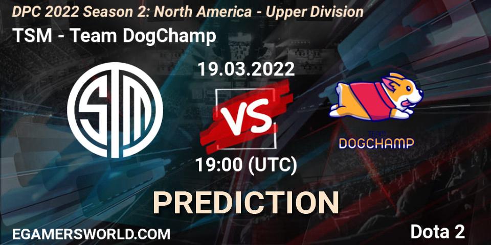 Pronósticos TSM - Team DogChamp. 19.03.2022 at 20:06. DPC 2021/2022 Tour 2 (Season 2): NA Division I (Upper) - ESL One Spring 2022 - Dota 2