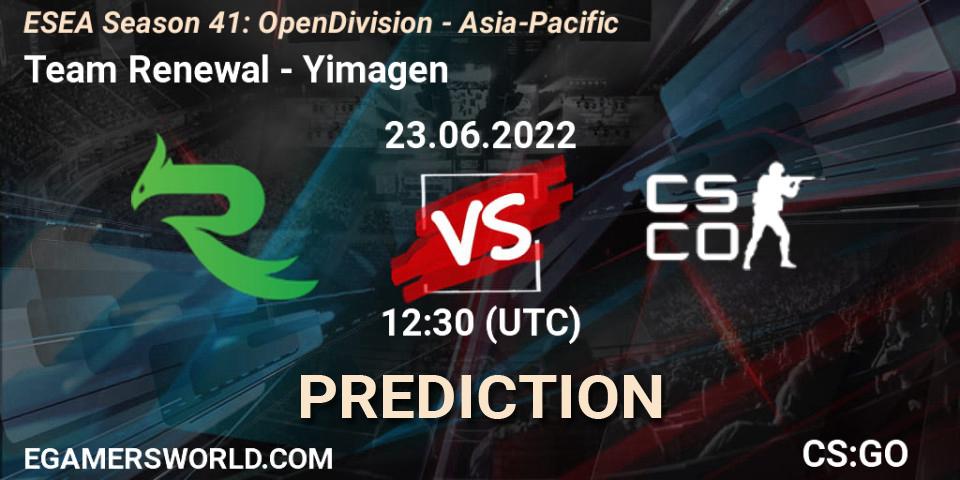 Pronósticos Team Renewal - Yimagen. 23.06.2022 at 12:30. ESEA Season 41: Open Division - Asia-Pacific - Counter-Strike (CS2)