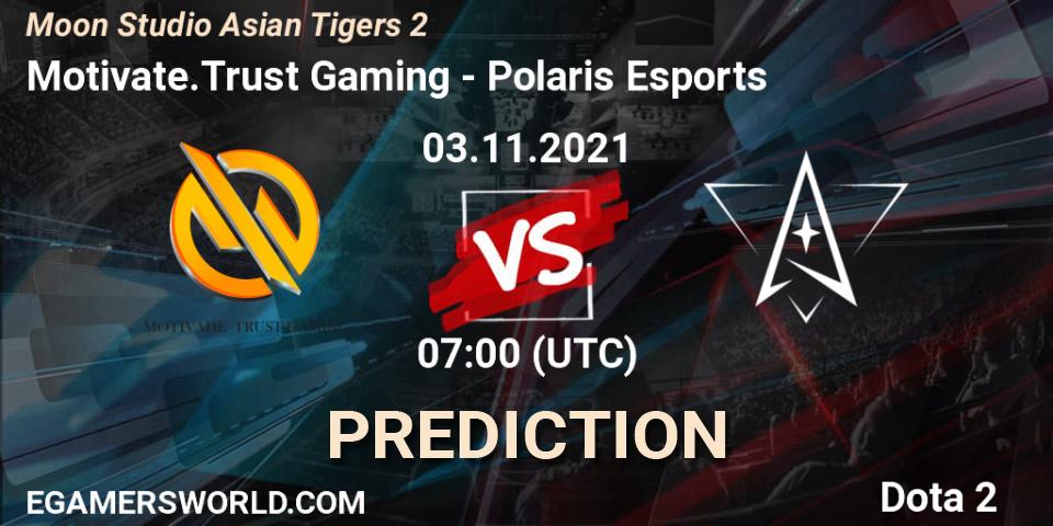 Pronósticos Motivate.Trust Gaming - Polaris Esports. 03.11.2021 at 07:15. Moon Studio Asian Tigers 2 - Dota 2