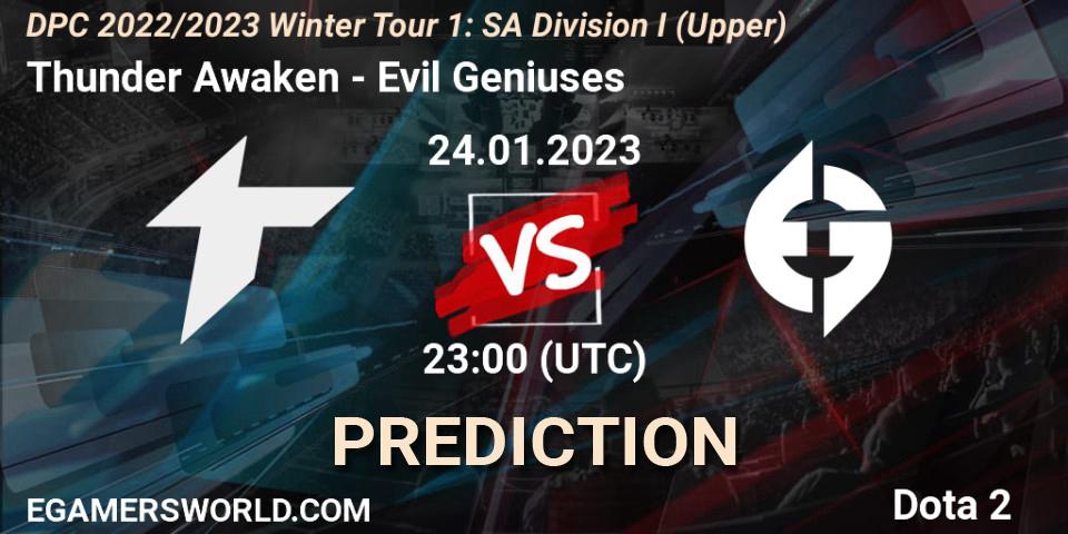 Pronósticos Thunder Awaken - Evil Geniuses. 24.01.2023 at 20:30. DPC 2022/2023 Winter Tour 1: SA Division I (Upper) - Dota 2