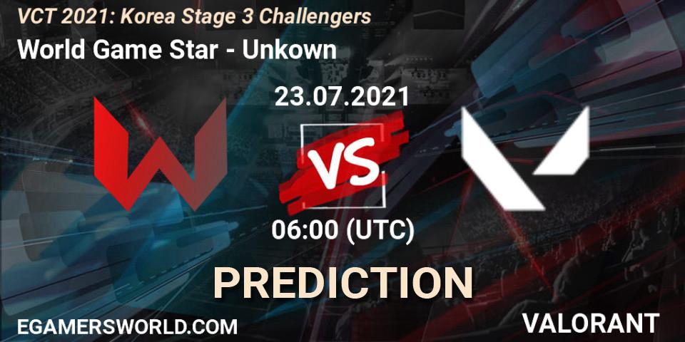Pronósticos World Game Star - Unkown. 23.07.2021 at 06:00. VCT 2021: Korea Stage 3 Challengers - VALORANT