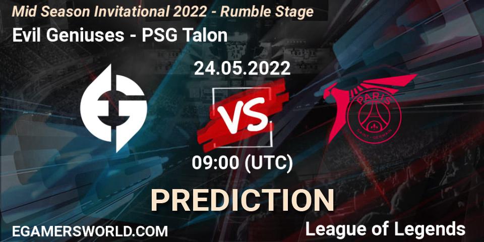 Pronósticos Evil Geniuses - PSG Talon. 24.05.2022 at 06:55. Mid Season Invitational 2022 - Rumble Stage - LoL