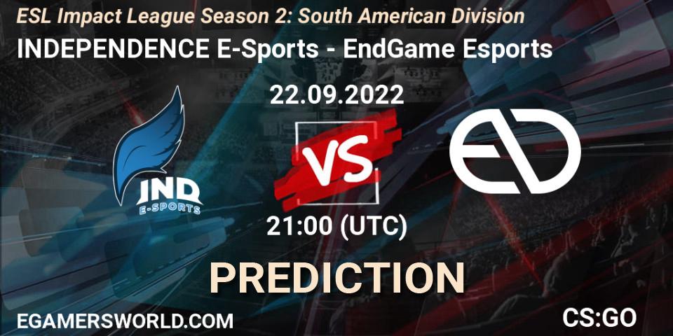 Pronósticos INDEPENDENCE E-Sports - EndGame Esports. 22.09.2022 at 21:00. ESL Impact League Season 2: South American Division - Counter-Strike (CS2)