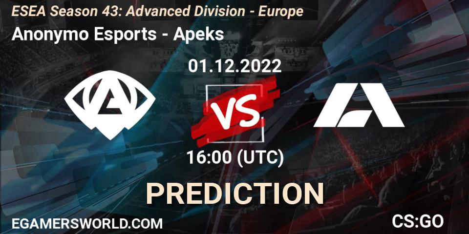 Pronósticos Anonymo Esports - Apeks. 01.12.22. ESEA Season 43: Advanced Division - Europe - CS2 (CS:GO)