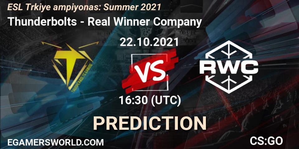 Pronósticos Thunderbolts - Real Winner Company. 22.10.2021 at 16:35. ESL Türkiye Şampiyonası: Summer 2021 - Counter-Strike (CS2)