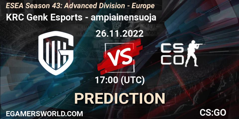 Pronósticos KRC Genk Esports - ampiainensuoja. 26.11.2022 at 17:00. ESEA Season 43: Advanced Division - Europe - Counter-Strike (CS2)