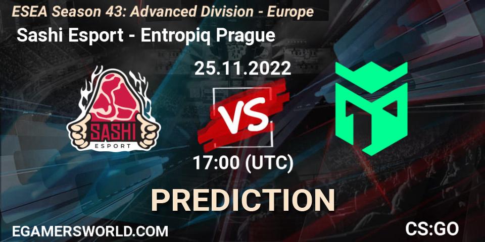 Pronósticos Sashi Esport - Entropiq Prague. 25.11.2022 at 17:00. ESEA Season 43: Advanced Division - Europe - Counter-Strike (CS2)