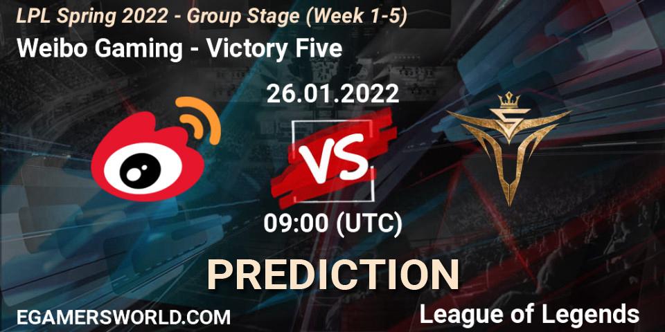 Pronósticos Weibo Gaming - Victory Five. 26.01.2022 at 09:00. LPL Spring 2022 - Group Stage (Week 1-5) - LoL