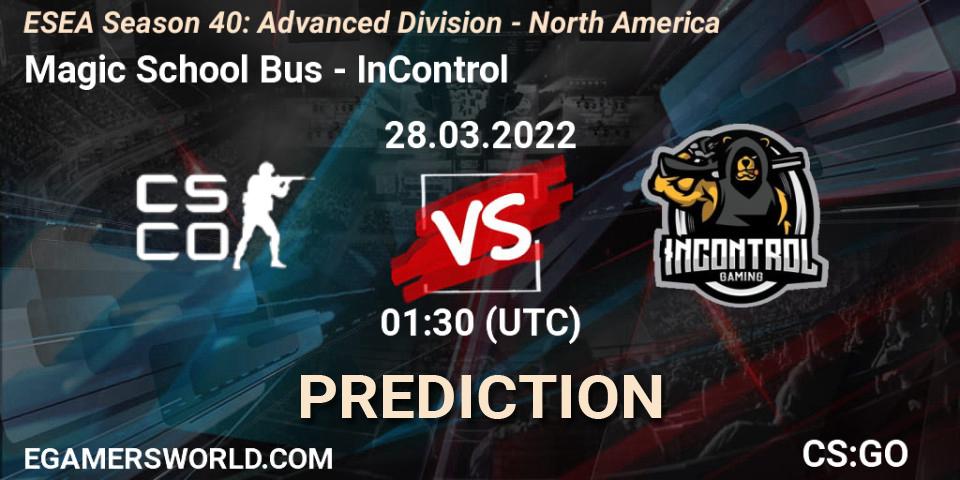 Pronósticos Magic School Bus - InControl. 28.03.2022 at 01:30. ESEA Season 40: Advanced Division - North America - Counter-Strike (CS2)