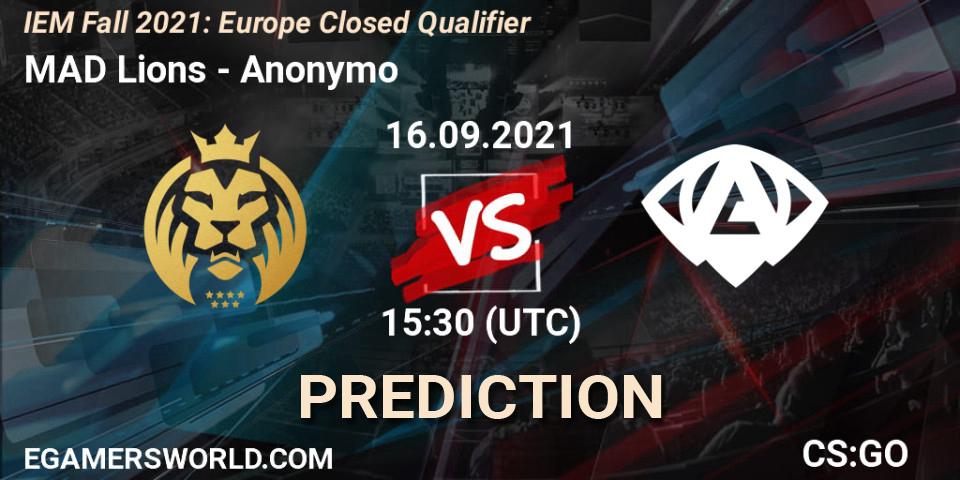 Pronósticos MAD Lions - Anonymo. 16.09.2021 at 15:30. IEM Fall 2021: Europe Closed Qualifier - Counter-Strike (CS2)