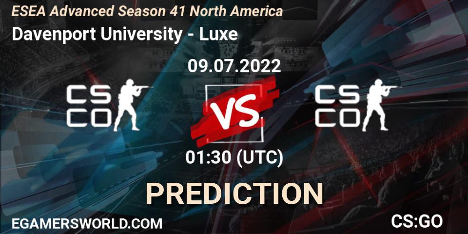 Pronósticos Davenport University - Luxe. 09.07.2022 at 01:30. ESEA Advanced Season 41 North America - Counter-Strike (CS2)