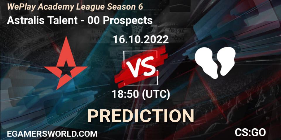 Pronósticos Astralis Talent - 00 Prospects. 16.10.2022 at 19:20. WePlay Academy League Season 6 - Counter-Strike (CS2)