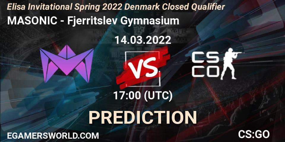Pronósticos MASONIC - Fjerritslev Gymnasium. 14.03.2022 at 17:05. Elisa Invitational Spring 2022 Denmark Closed Qualifier - Counter-Strike (CS2)
