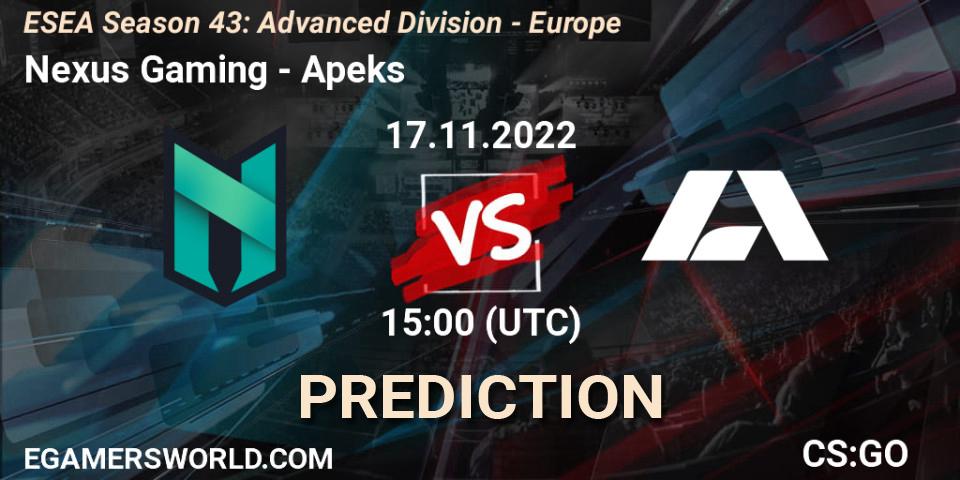 Pronósticos Nexus Gaming - Apeks. 17.11.2022 at 15:00. ESEA Season 43: Advanced Division - Europe - Counter-Strike (CS2)
