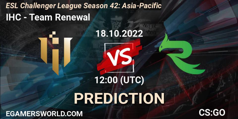 Pronósticos IHC - Team Renewal. 18.10.2022 at 12:00. ESL Challenger League Season 42: Asia-Pacific - Counter-Strike (CS2)