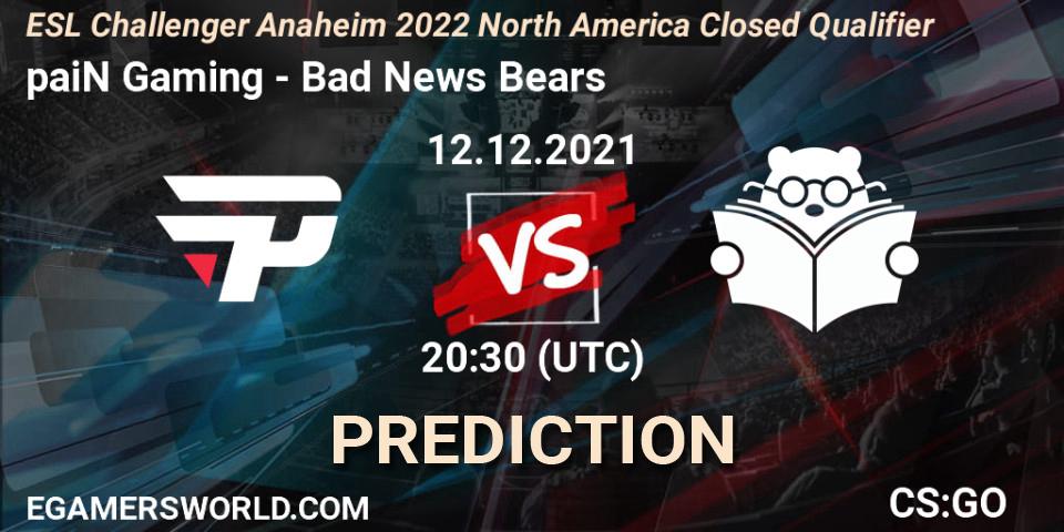 Pronósticos paiN Gaming - Bad News Bears. 12.12.2021 at 20:30. ESL Challenger Anaheim 2022 North America Closed Qualifier - Counter-Strike (CS2)