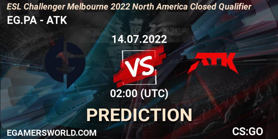 Pronósticos EG.PA - ATK. 14.07.2022 at 02:00. ESL Challenger Melbourne 2022 North America Closed Qualifier - Counter-Strike (CS2)