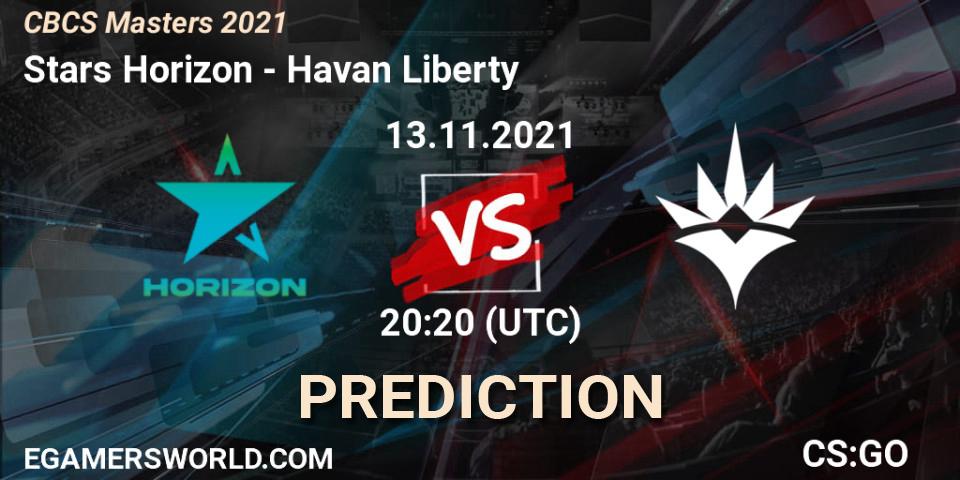 Pronósticos Stars Horizon - Havan Liberty. 13.11.2021 at 20:20. CBCS Masters 2021 - Counter-Strike (CS2)