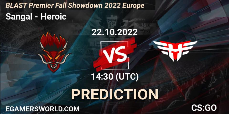 Pronósticos Sangal - Heroic. 22.10.2022 at 14:30. BLAST Premier Fall Showdown 2022 Europe - Counter-Strike (CS2)