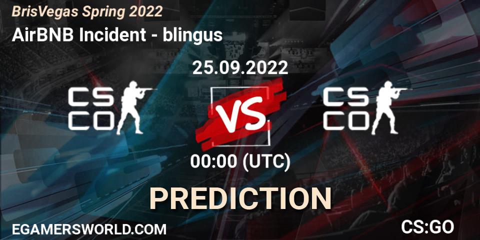 Pronósticos AirBNB Incident - Blingus. 25.09.2022 at 00:00. BrisVegas Spring 2022 - Counter-Strike (CS2)